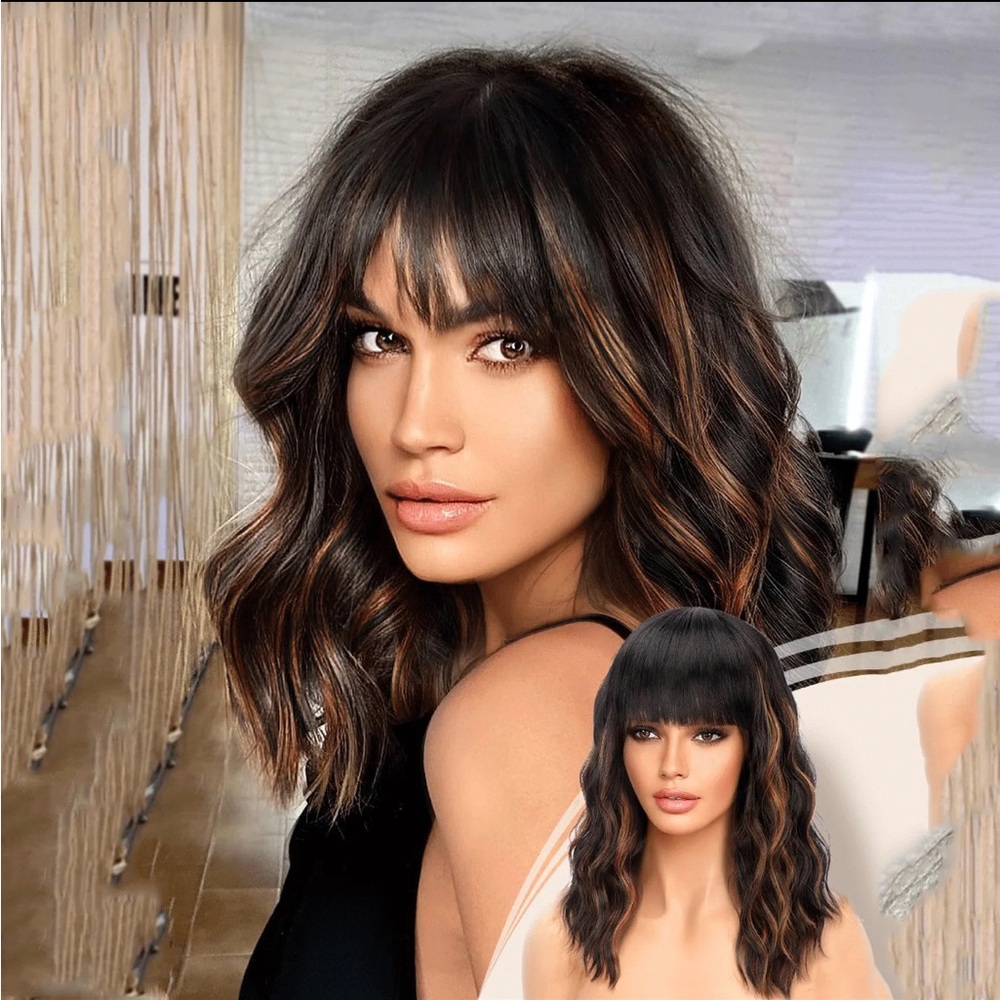14 inch black mixed with Brown Wavy Hair Wig with Bangs120% synthetic